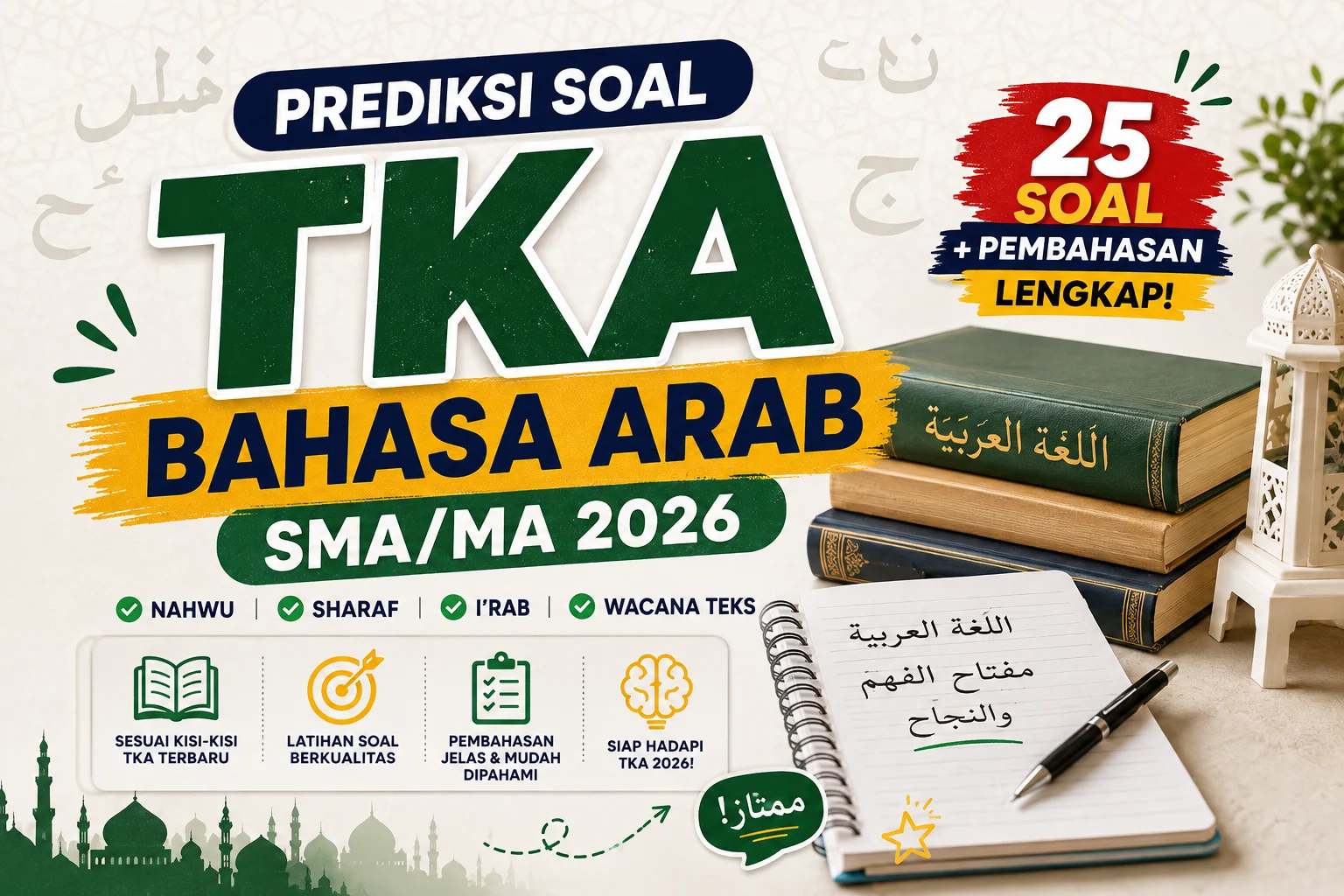 Prediksi Soal TKA Bahasa Arab SMA/MA 2026 lengkap dengan 25 soal dan pembahasan materi Nahwu, Sharaf, I’rab, dan wacana teks.
