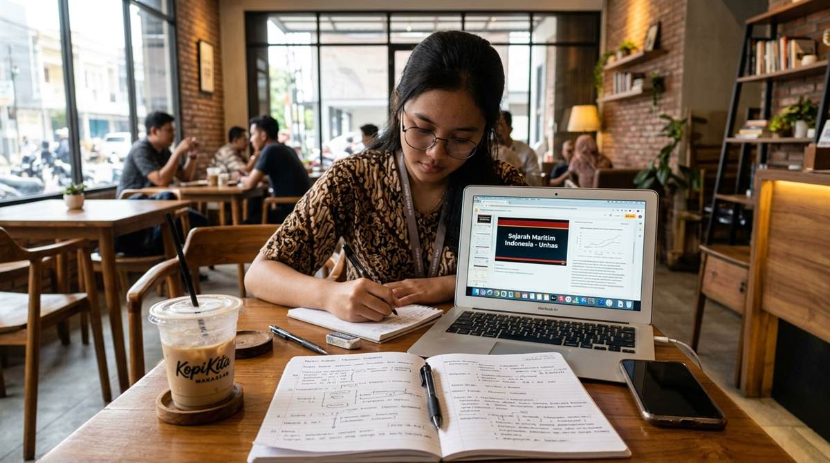 Suasana pelajar sedang nugas dan belajar fokus di cafe Makassar dengan laptop dan buku catatan