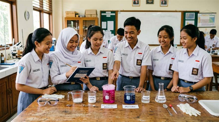 Siswa madrasah melakukan percobaan kimia sederhana menggunakan bahan dapur