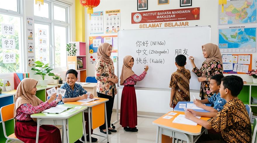 Siswa dan pemula belajar bahasa Mandarin di ruang kelas modern di Makassar