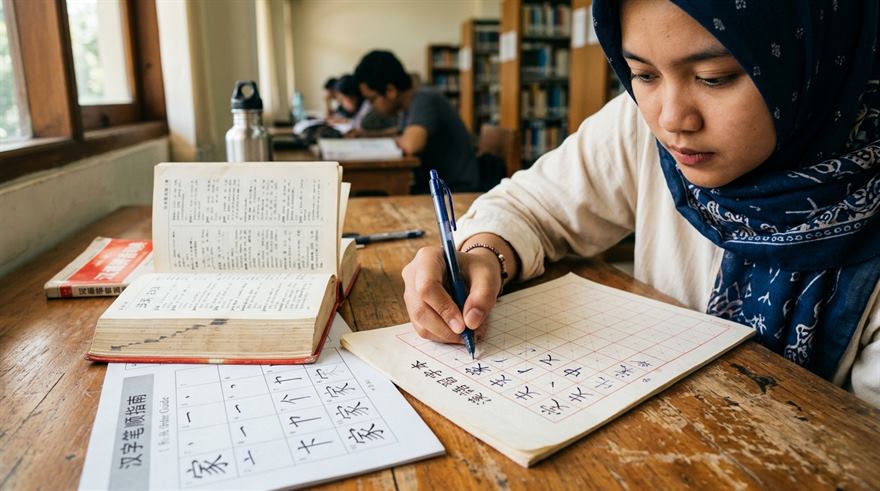 Pelajar mempraktikkan penulisan urutan guratan karakter Hanzi Mandarin di buku latihan khusus
